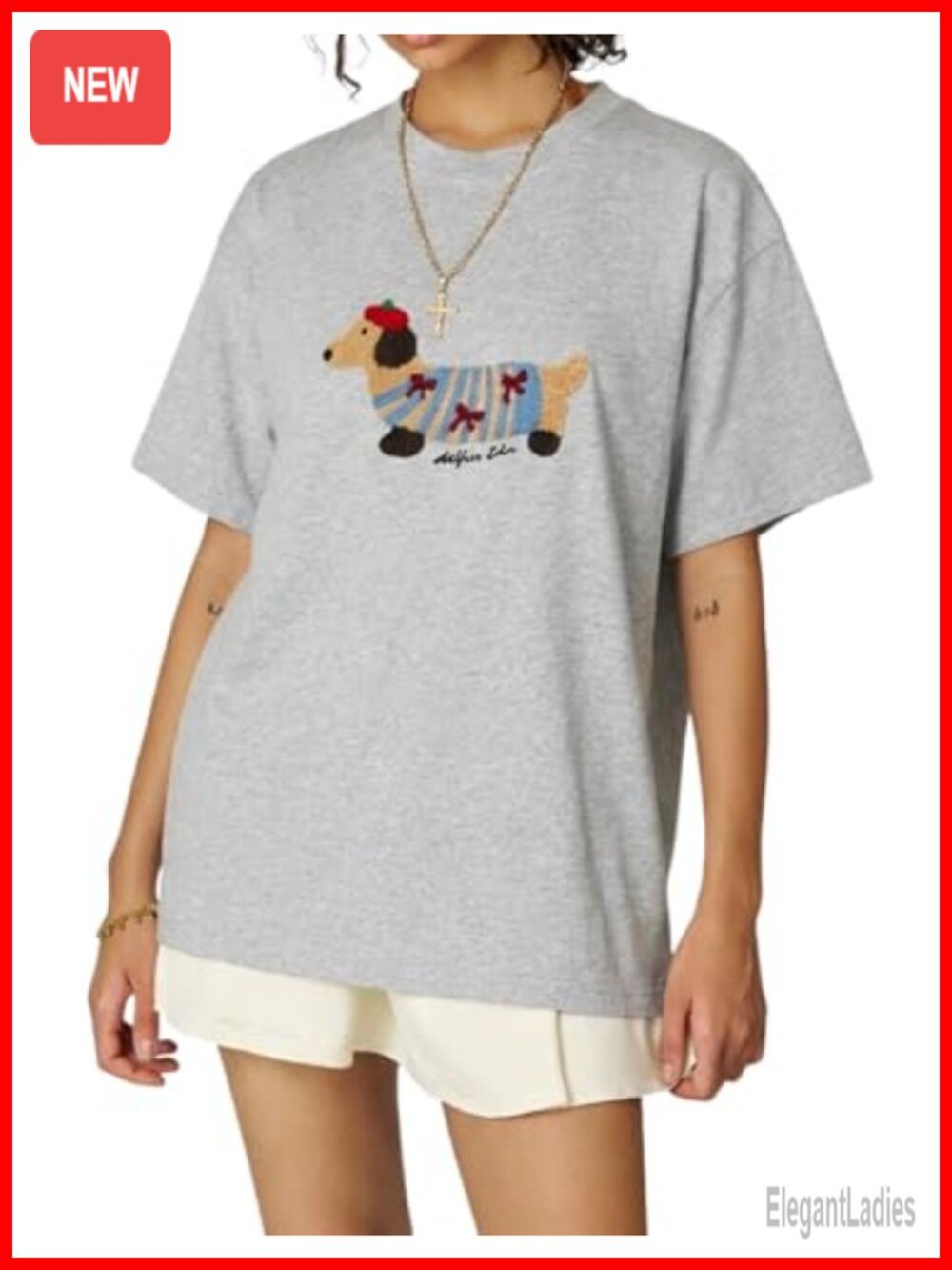 Oversized Graphic Tee Embroidered Dog Short Sleeve Cotton Crew Neck Top